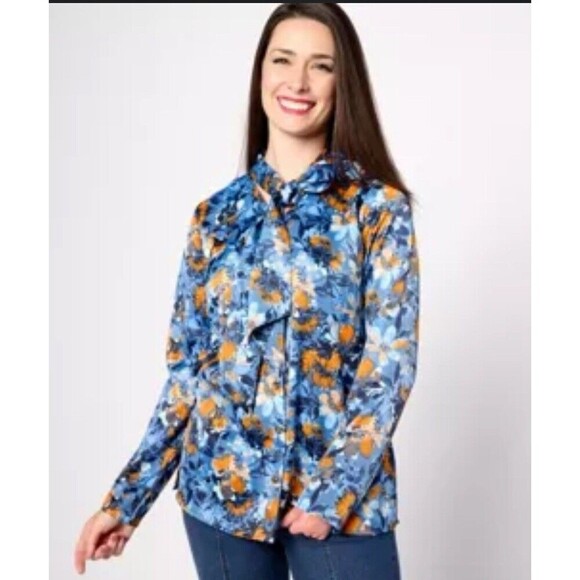 Denim & Co. Floral Printed Blouse with Neck Tie Detail - Navy Size XL QVC D&Co. - Picture 9 of 9